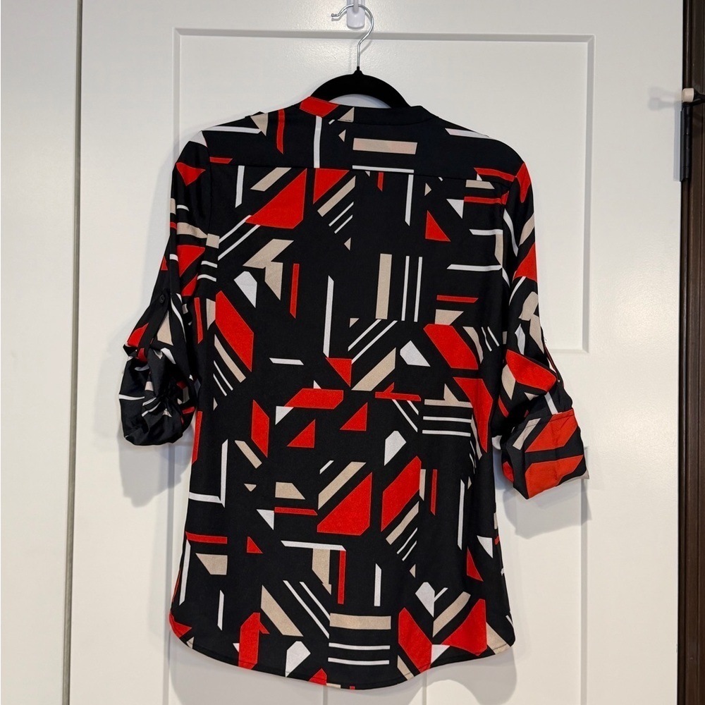 Calvin Klein Red Black Geometric Abstract Print Roll Tab Blouse - Picture 4 of 6